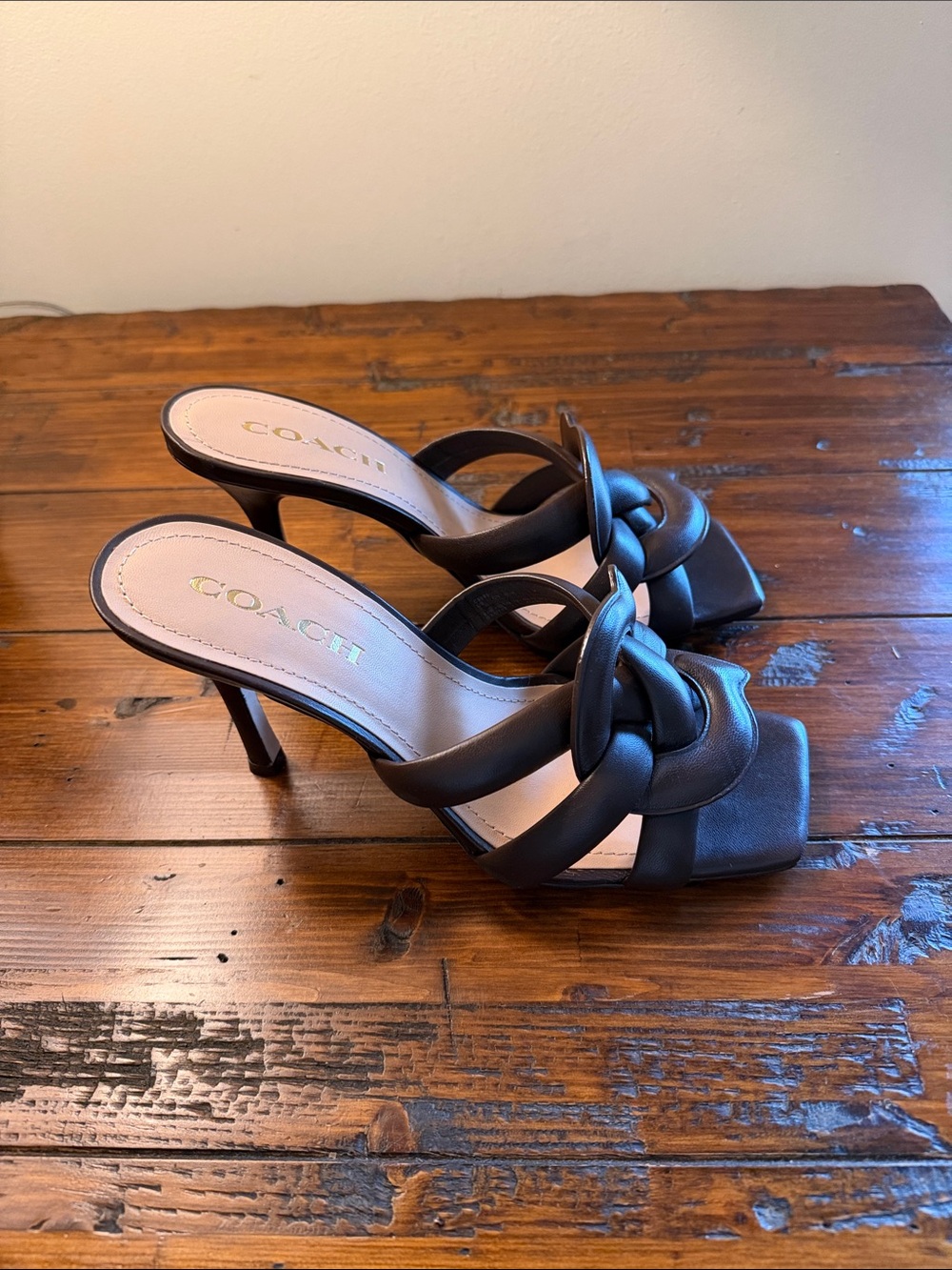 Coach Brown Knotted Leather Mule Heels with Square Toe